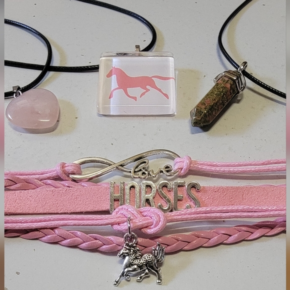 Hand Crafted Jewelry - Horse pendant, Rose Quartz Heart, Unakite point, Horse bracelet.